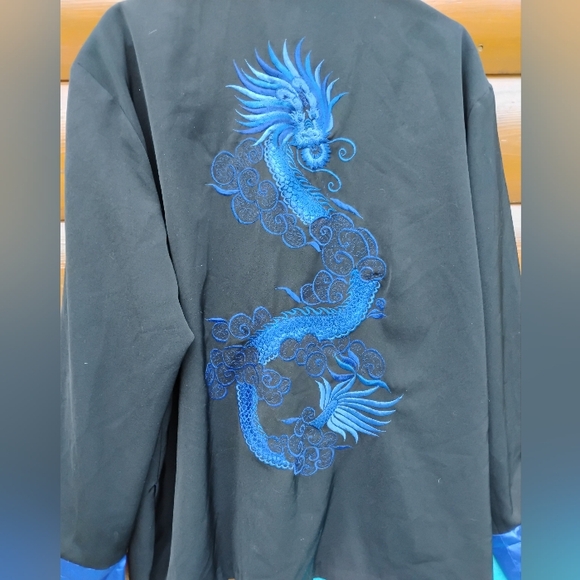 π Vintage Chinese 100% Dragon COBALT BLUE Embroidered KIMONO SHIRT Sz XL EVC - Picture 2 of 13
